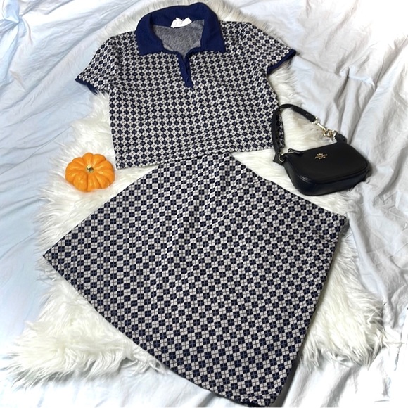 SOLD Navy Plaid Skirt + Top Set - Picture 1 of 10